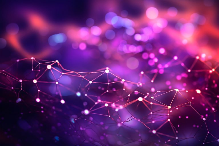 Abstract dark digital world with glowing network dots and connecting lines, evoking global talent flow as AI and IT professionals reroute from the US toward the Gulf