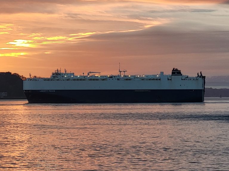 A car carrier RoRo cargo ship sailing at sea loaded with vehicles, illustrating the cost of shipping a car overseas to the Gulf versus buying a car locally in the UAE or Saudi Arabia